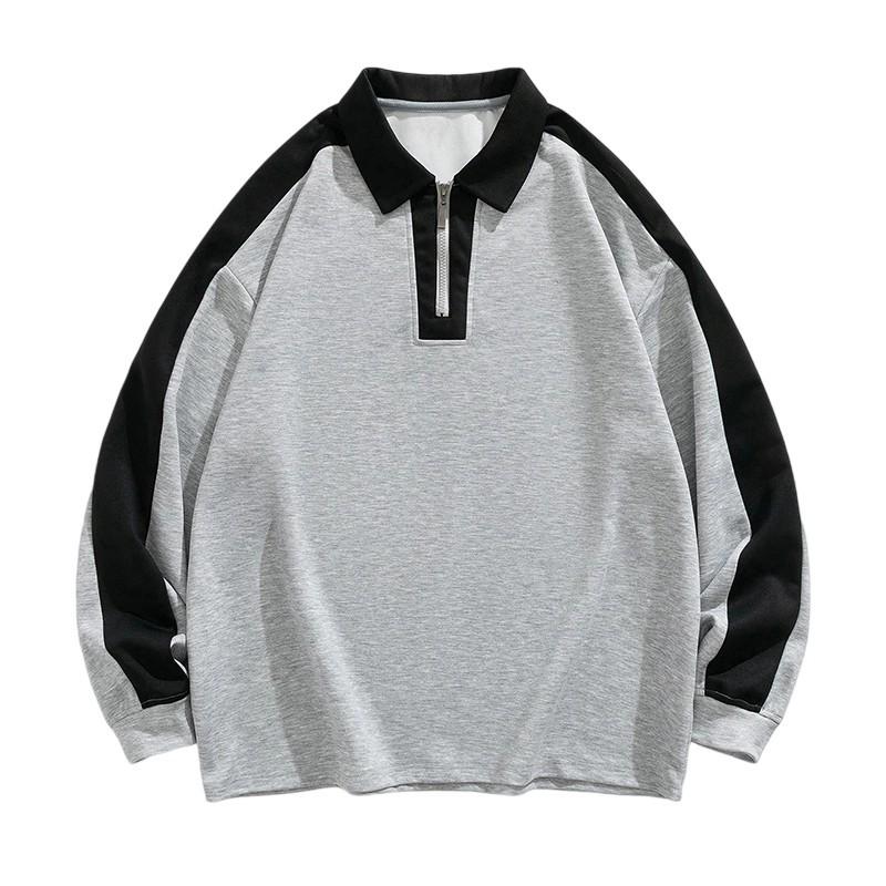 Men's Beige Brown Color Block Half Zip Polo Sweatshirt - Oversized Casual Streetwear Long Sleeve Top