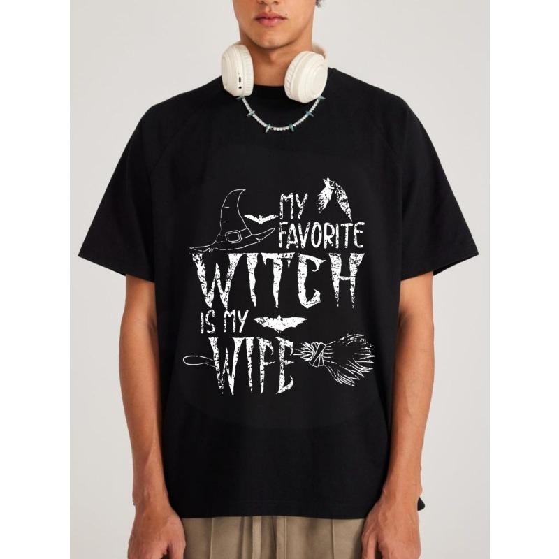 Black T Shirt My Favorite Witch Is My Wife Halloween Print Design For Men Women Casual Wear Party Costume Outfit