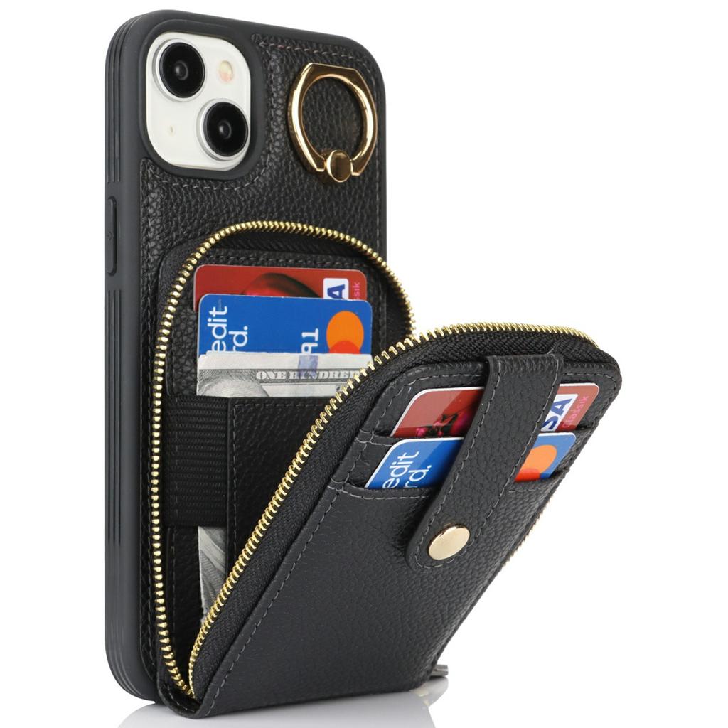 For iPhone 15 Plus/14 Plus Case with Zipper Pouch/Ring Kickstand/Strap Litchi Texture PU+TPU Phone Cover