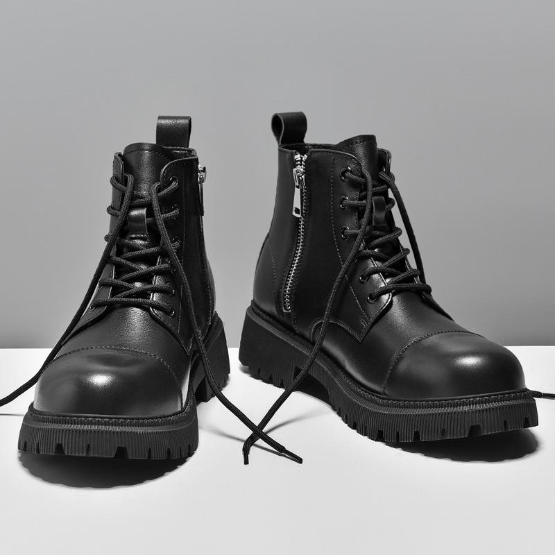 Martin Boots Men's Side Zipper Autumn and Winter Fashion Trendy Men's Cowhide Medium-top Short Boots Thick-soled Tooling Boots High-top Leather Shoes