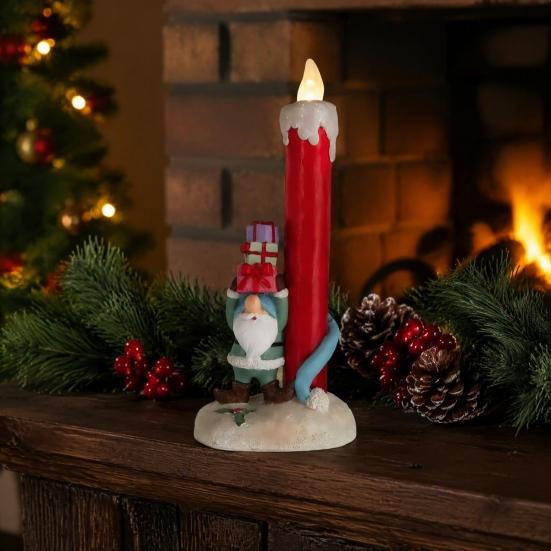 Festive Indoor Tabletop Displays Christmas Resin Figurine Candle Holder, LED Flameless Electronic Light, Decorative Figurines for Holidays Snowman Elf