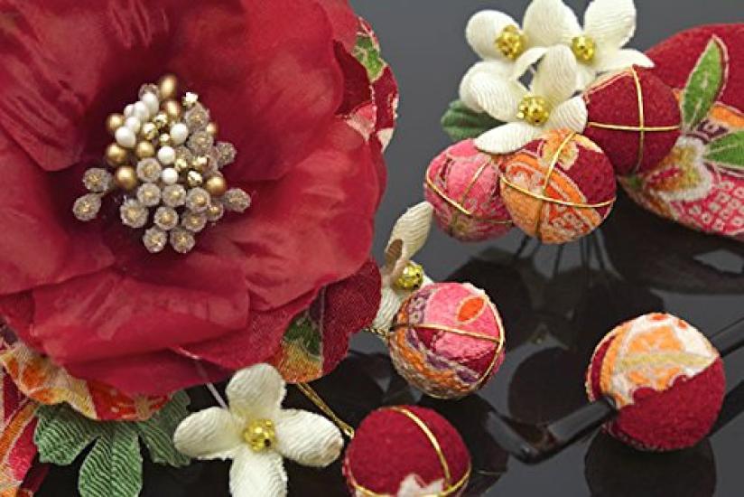 [SOUBIEN] Hair Ornament Set for Coming-of-Age Ceremony, Graduation Ceremony, Flower and Japanese Pattern, Braided Cord, for Furisode, Hakama, Kimono,