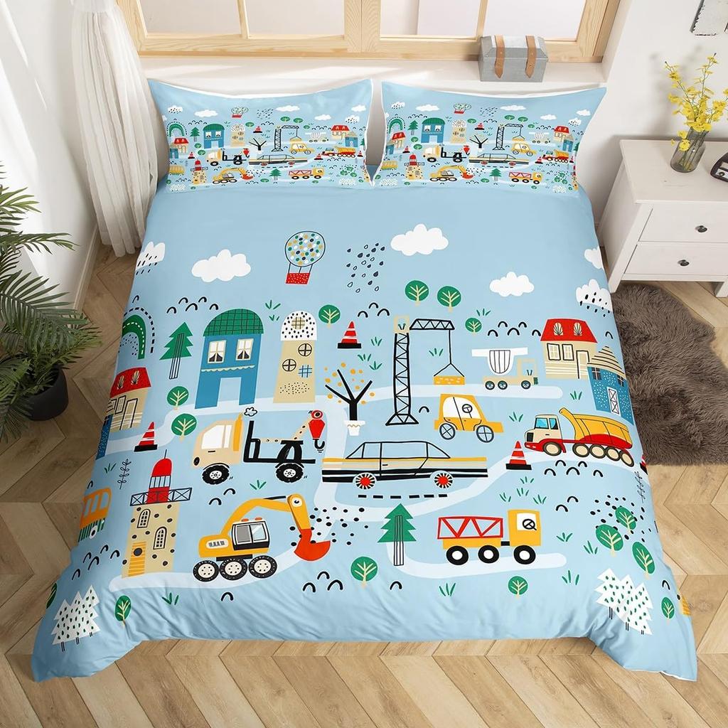 Comforter Cartoon Truck Twin City Landscape Bedding Set Hand Drawn Cartoon Vehicles City Map Railway Train Comforter