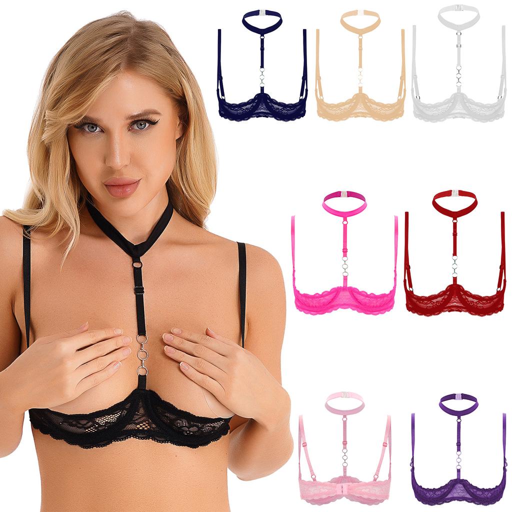 Womens 1/4 Cups Underwire Bra Halter Neck O Ring Sheer Lace Push Up Brassiere Lingerie Underwear
