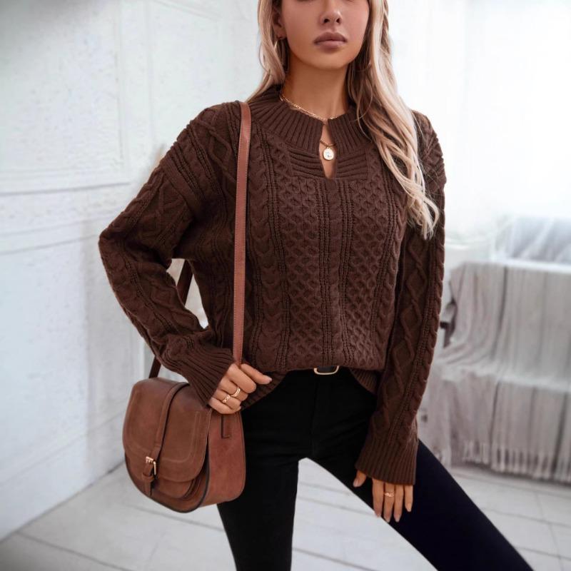 Solid Color Cable Knit V Neck Loose Long Sleeve Pullover Sweater For Women