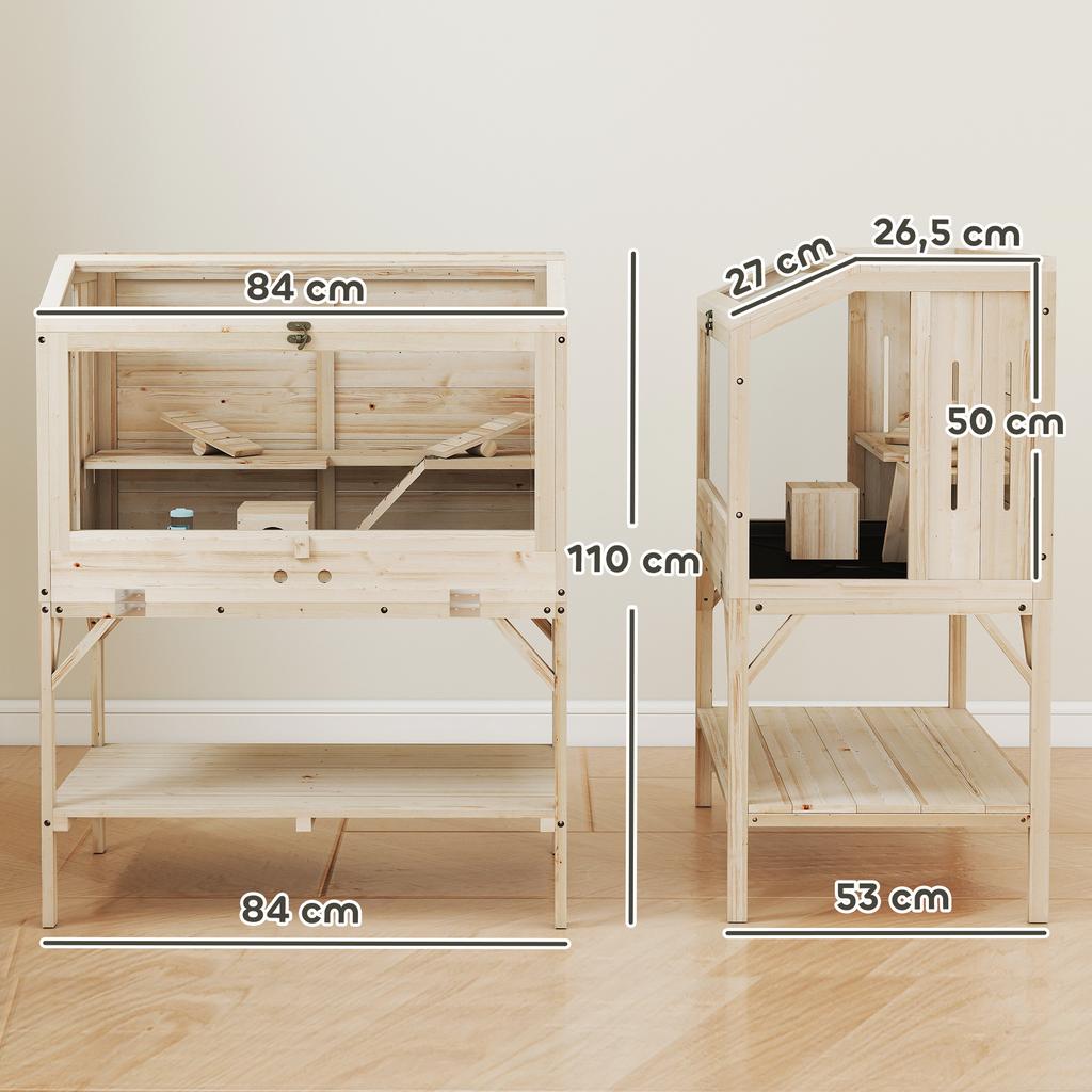 Hamster cage, 2 levels, small animal cage with storage compartment, accessories, 84 x 53 x 110 cm, natural wood