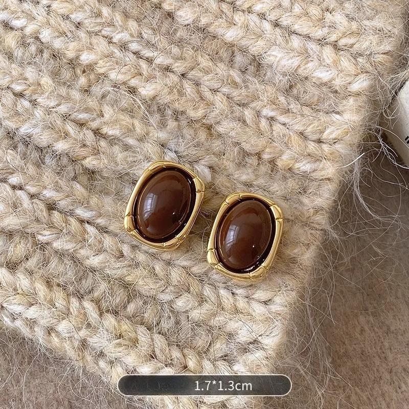 Maillard Coffee Color Amber Earrings Women's Autumn and Winter High-end Commuter Style Earrings Light Luxury Niche Design Earrings
