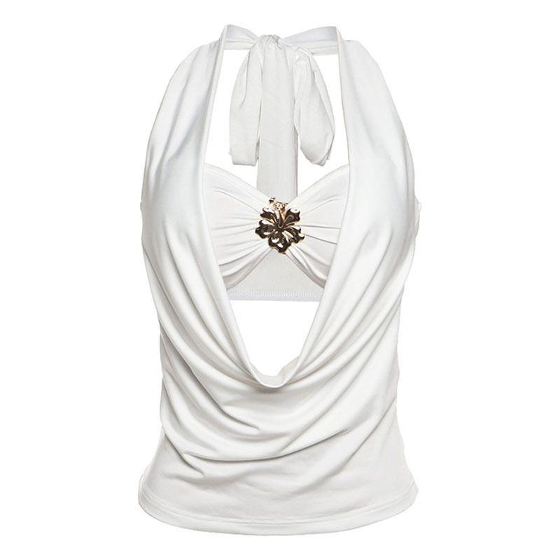 

Fashion Style Women s Clothing 2025 Summer New Fashion Sexy Halterneck Pile Collar Backless Slim Fit Tube Top Vest White S