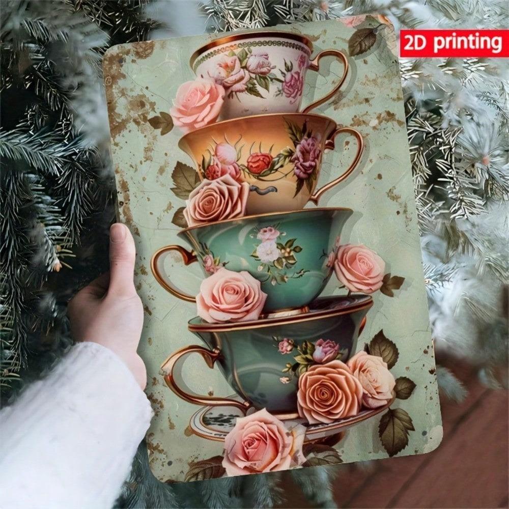 Vintage Floral Metal Wall Art Teacup Decor for Home Cafe