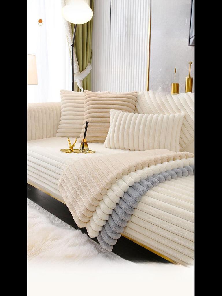 Thick Plush Striped Winter Sofa Cushion - Non-Slip, Soft, Imitation Rabbit Fur