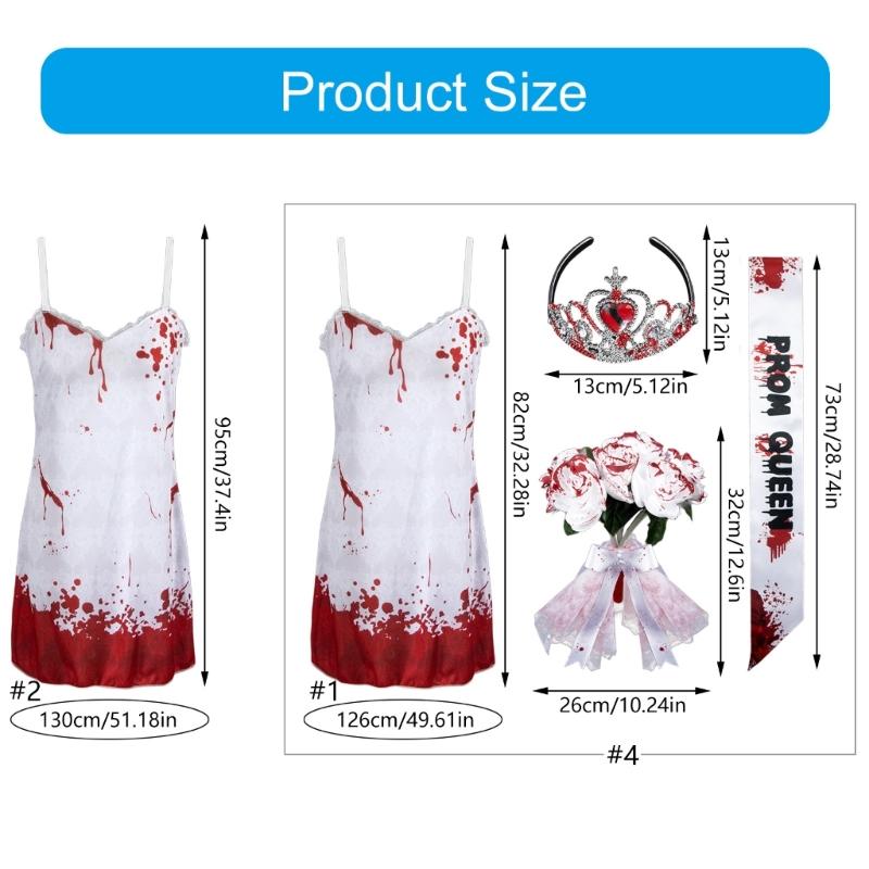 Halloween Abschlussballkönigin Kostüm Blutiges Nachthemd Kleid Abschlussballkönigin Schärpe Kronen Stirnband Cosplay Verkleidungsparty Zubehör