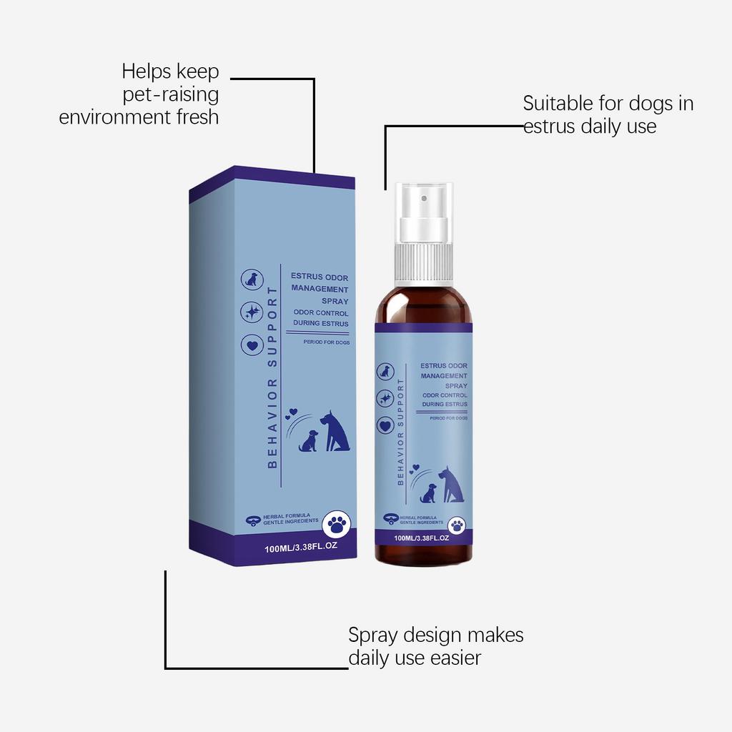 Spray de gestion des odeurs d'œstrus pour chiens et chats Support comportemental Contrôle des odeurs pendant la période d'œstrus Formule à base de plantes 100 ml