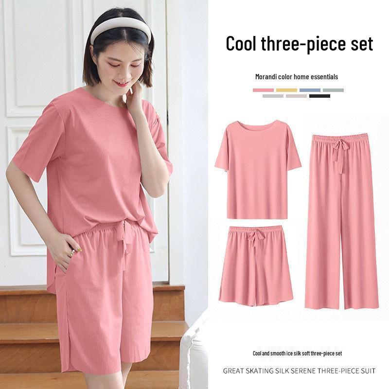 

Women s Comfortable Ice Silk Three-Piece Pajama Set – Lightweight, Versatile for Home or Outdoor Wear XXL (60-70 kg) розовый