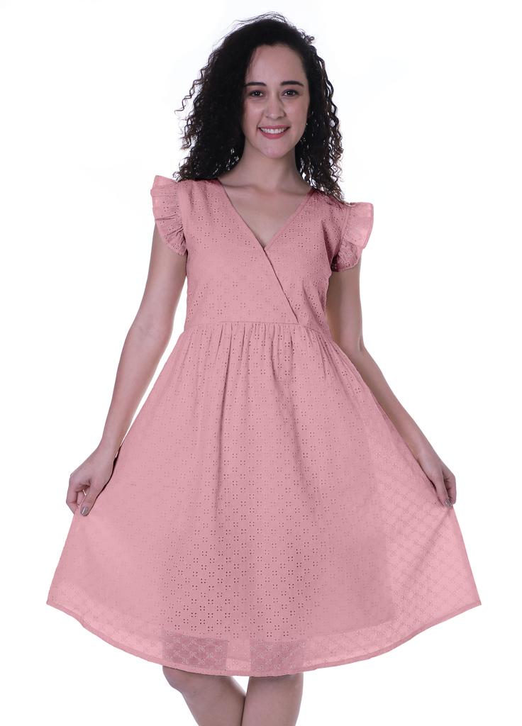 Moomaya Schiffli Dress Frill Sleeve W  V-neck Casual Relaxed Summer Garden