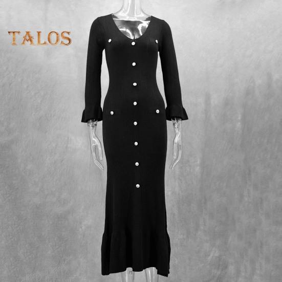 Spring Fall Women Dress Button Decor V Neck Knitted Long Sleeves Slim Fit Patchwork Fishtail Hem Solid Color Stretchy Maxi Dress