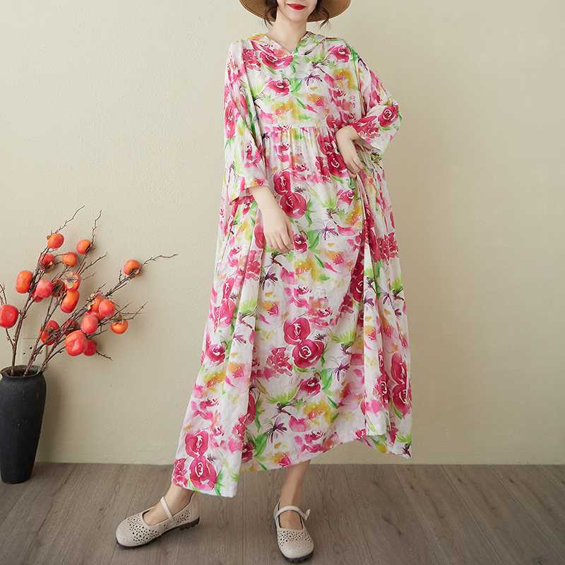Ladies' Retro Gentle Wind and Cloud Brocade Cotton and Hemp Hooded Dress