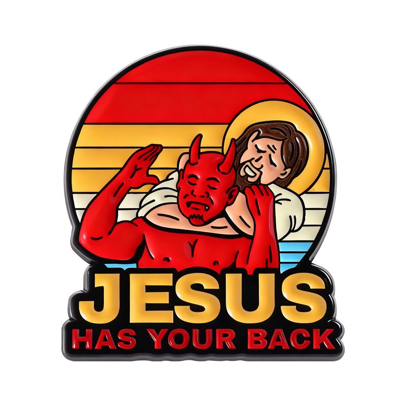 Jesus Has Your Back Enamel Pin Jesus with Devil Christian Jiujitsu Religious Faith Brooch Lapel Badge Jewelry Gift for Friends