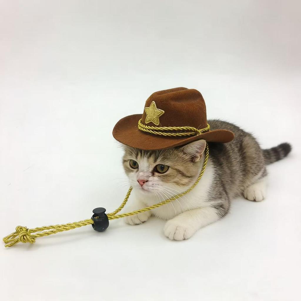 Pet Cowboy Hat Pentagram Gold Wire Silver Thread Chin Rope Cat Cowboy Hat Holiday Party Western Cowboy Hat