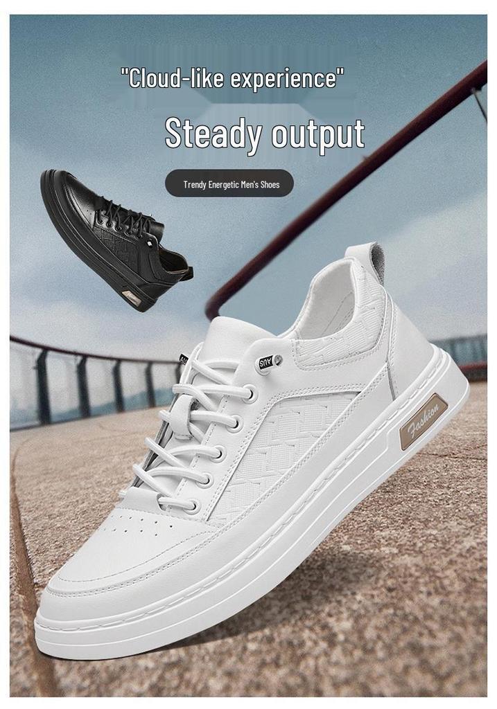 Men's Genuine Leather Slip-On Casual White Board Shoes, Size 45, Trendy No-Tie Design for Spring and Autumn