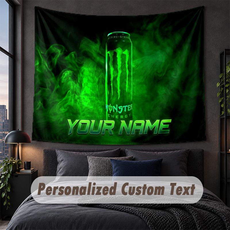 Tapiz Decorativo de Pared con Texto de Nombre Personalizado, Tapiz Decorativo Monster Energy, Tapiz de Fondo Para Hogar Dormitorio