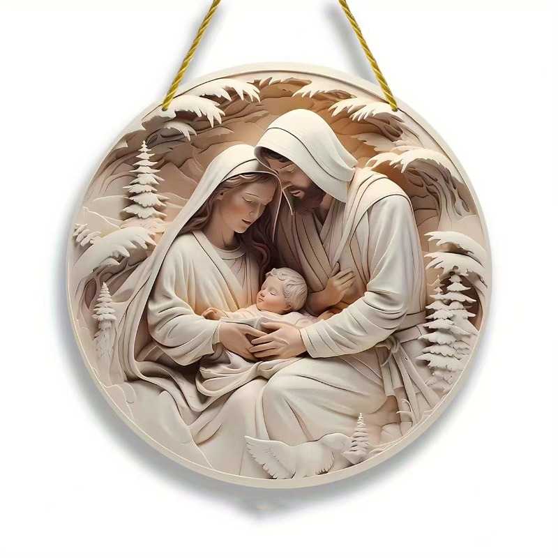 

15CM Acrylic Round Jesus Christmas Hanging Ornament Flat Visual Design Creative Home Decoration Wall Door Pendant Holiday Decor