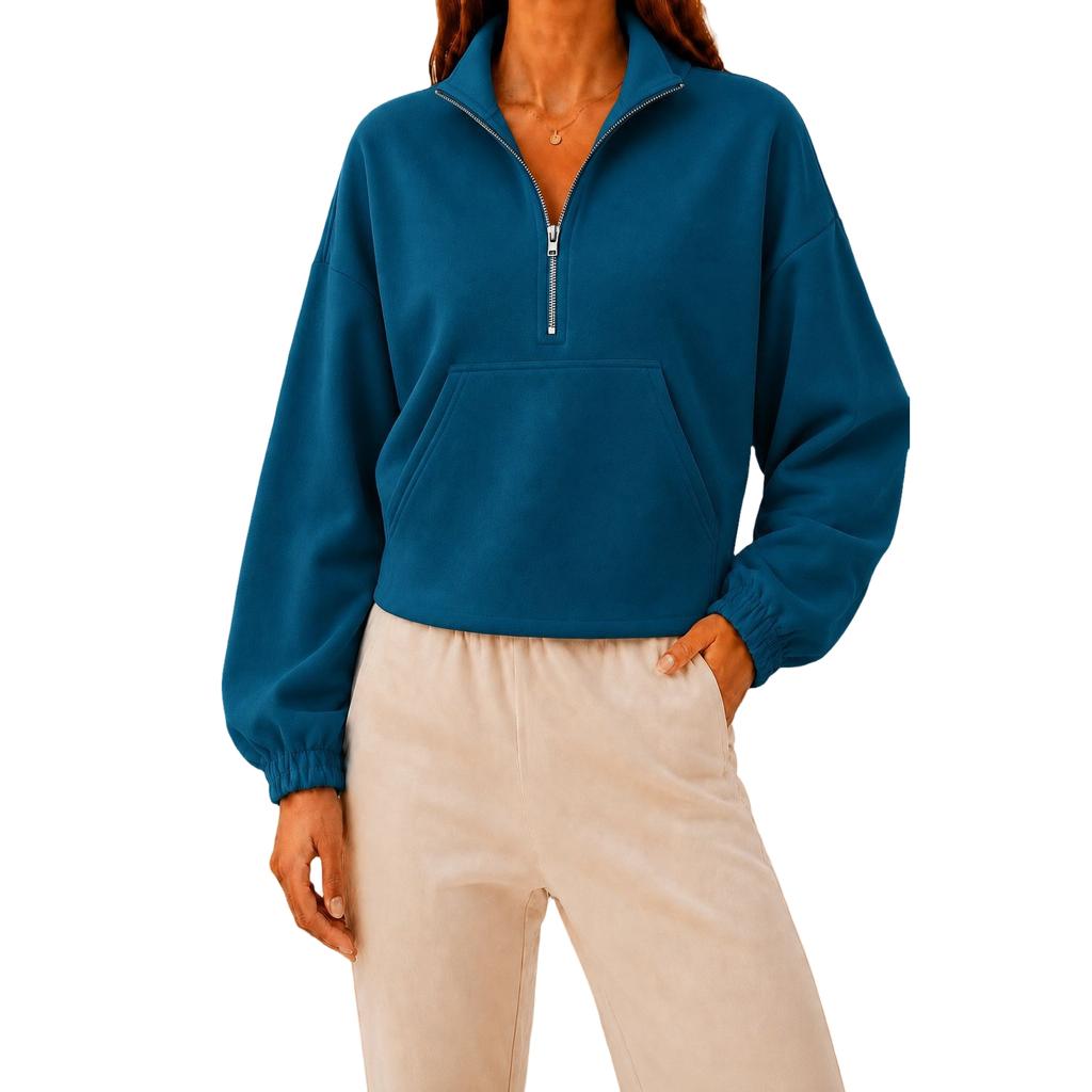 Damen Halbreißverschluss Cropped Langarm Sweatshirt mit Umlegekragen