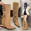 Winter and Autumn Pointed-toe Boots for Women, Large Size Shoes, Leather Belt Buckle Shoes, Long Boots