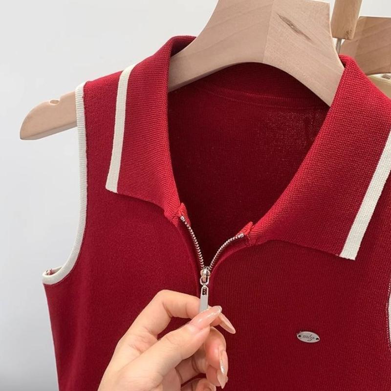 Women's Red Collared Sleeveless Outer Wear Knit Camisole Summer High-end Stylish Unique No Same Style Top