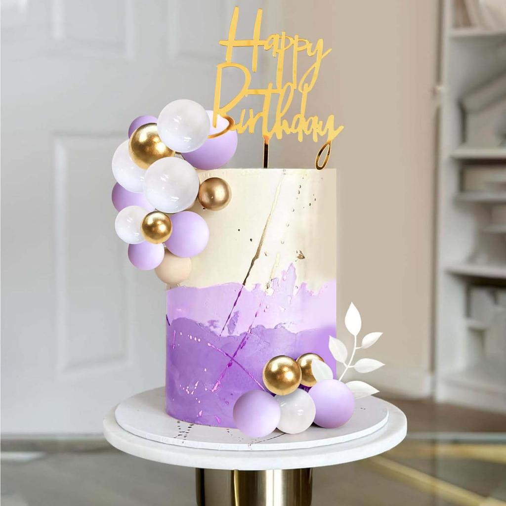 50pcs Boho Cake Topper Purple White Gold Pearl Balls - Wedding Baby Shower Birthday Party Decorations, Grass Cake Decor Happy Bi