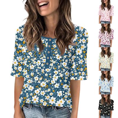 Shirts For Women Trendy Round Neck Button T Shirts Printed  Blouse Half Sleeve Tops For Women