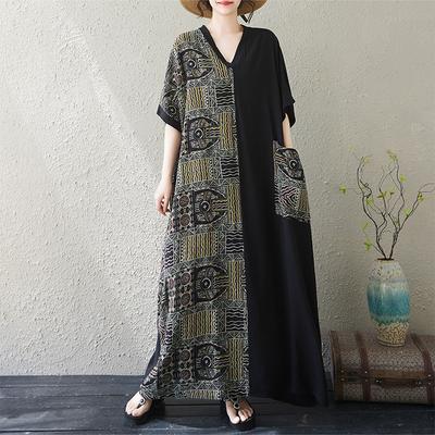 DIMANAF 2025 Sommer Damen Übergröße Kleid Basic Freizeitkleid Locker Vintage Druck Lang Strand Kurzarmkleid