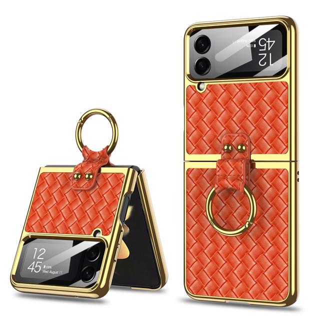 Ring Stand Capa For Samsung Galaxy Z Flip 4 5g Flip4 Case Plating Weave Textured Leather Lens Tempered Glass Plastic Pc Cover