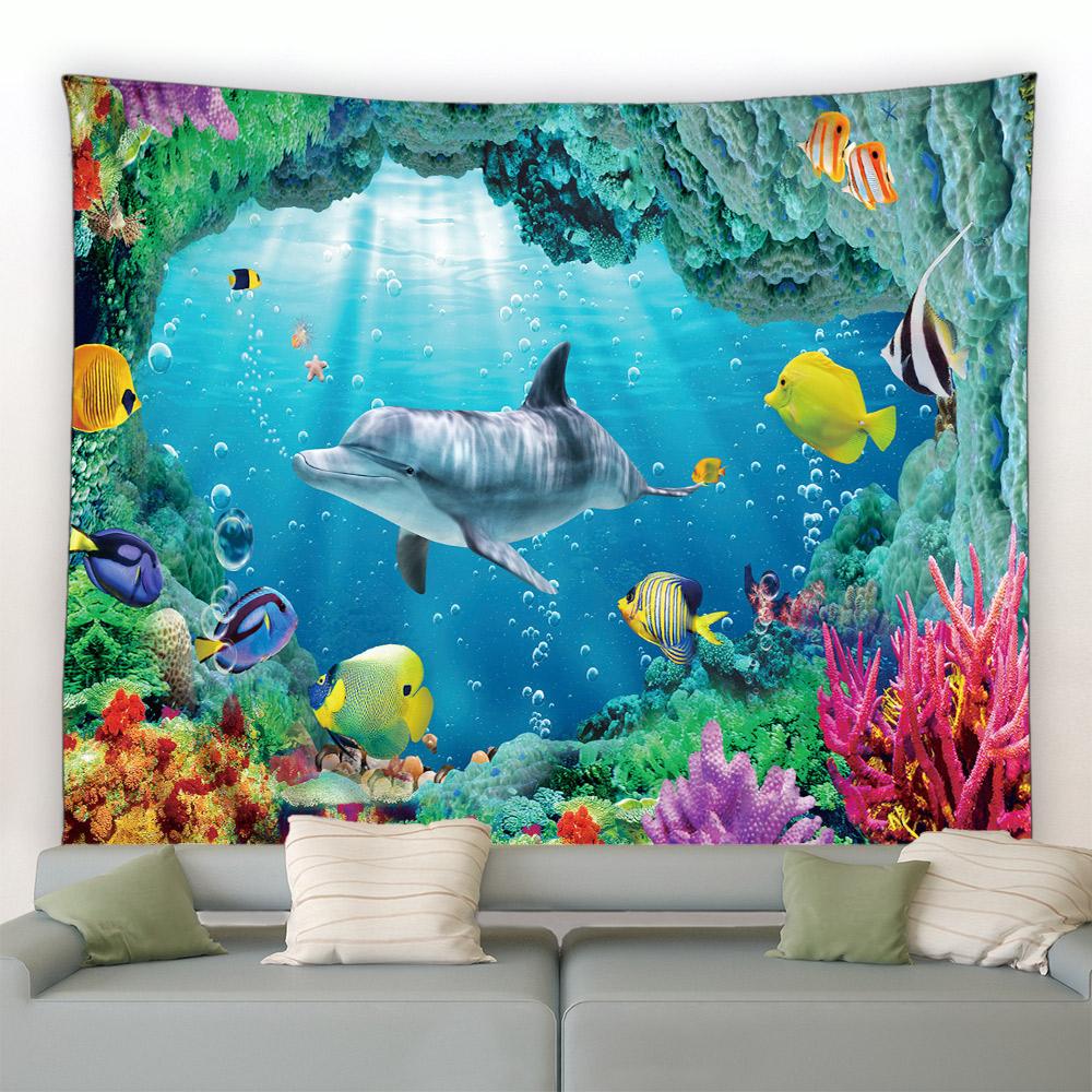 New Sea Animals Dolphin Decorative Tapestry Tropical Fish Turtle Coral Cave Underwater World Home Decor Aesthetics