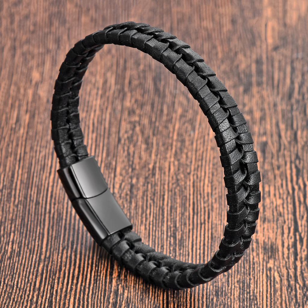 Men's Black Leather Bracelet Stainless Steel Double Layer Braided Wristband Fashion Handmade Cowhide Rope Jewelry Accessories