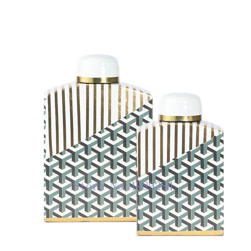 Tarro Cuadrado de Cerámica con Tapa Jarrón Geometría Artesanía Mobiliario Dorado Retro Tarro Decorativo de Cerámica Decoración del Hogar Jarrones