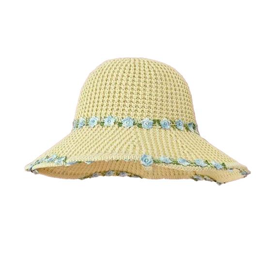

Sun Hat Pastoral Style Hand-Woven Flower Pattern Wide Brim Bucket Hat Vacation Leisure Sun Protection Hat B