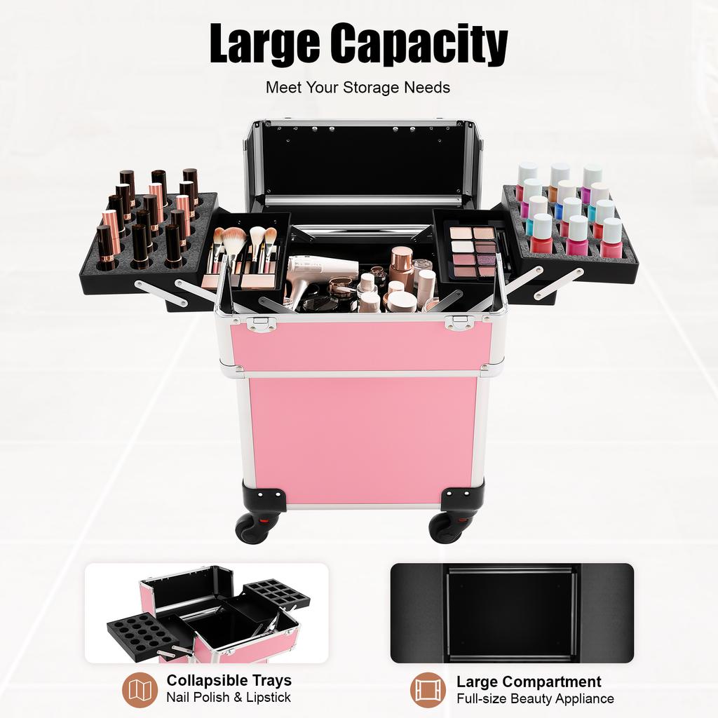 Professional Rolling Makeup Train Case Large Capacity with Removable Wheels for Makeup Artists Nail Techs Travel