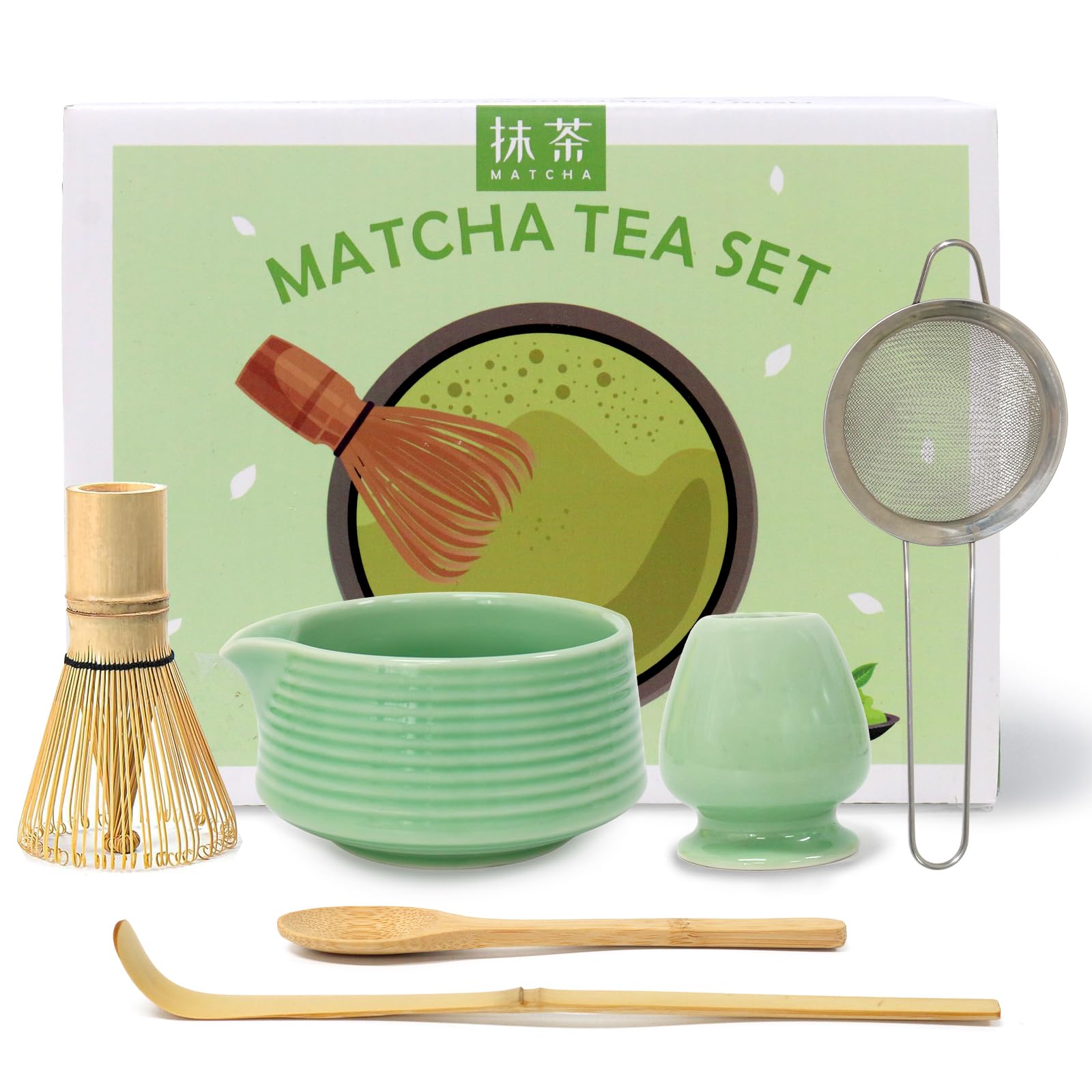 

Valuetom Matcha Set, 6-Piece Tea Ceremony Set (Katakuchi Tea Bowl, Chasen, Chashaku, Chasen Holder, Matcha Spoon, and Tea Strainer) - Perfect for