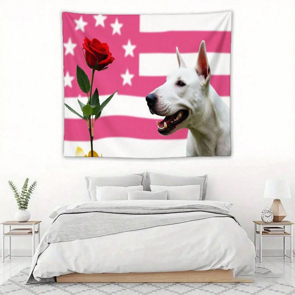 Patriotic Wall Hanging Tapestry of Roses and White Dogs American Flag Wall Hanging Cloth Dormitory Room Decoration Wallpaper Ban