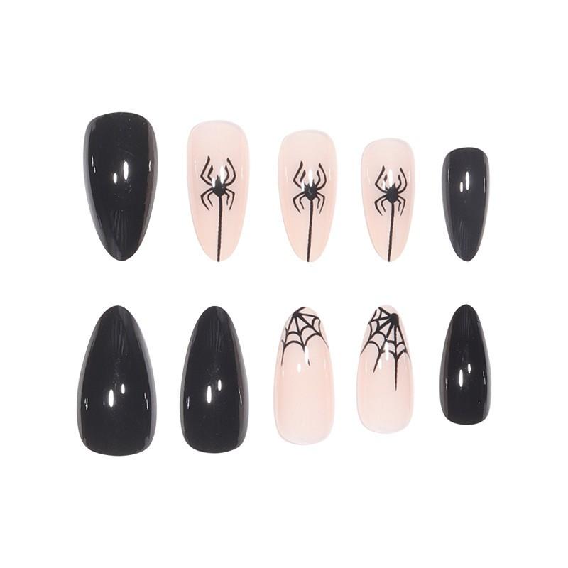 Halloween Spider Web Nail Tips Long Teardrop Shape Black Gothic Press-On Nails Women