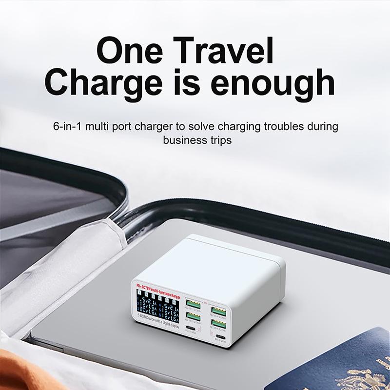 6-Port USB Fast Charger with Digital Display for Phones, Tablets, and Laptops