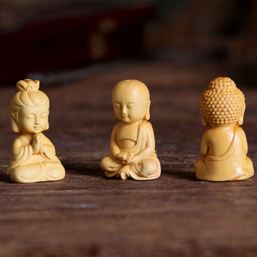 Boxwood Carved DIY Baby Buddha Little Monk Figurines Buddha Statue Car Ornament Key Chain Pendant