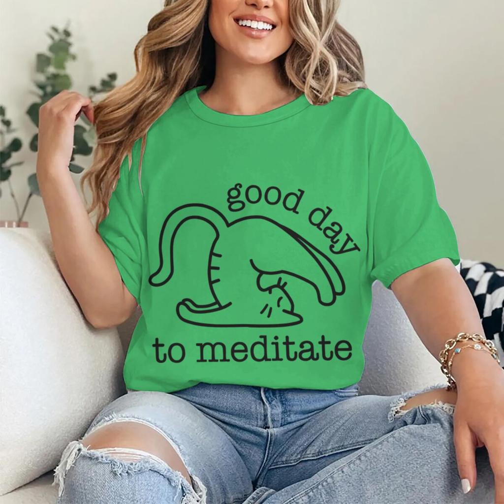 Cute Cat Yoga T Shirts Good Day To Meditate Retro Graphic Tees Women Unisex Short Sleeve Mom Dad Fun Casual Round Neck Tshirts