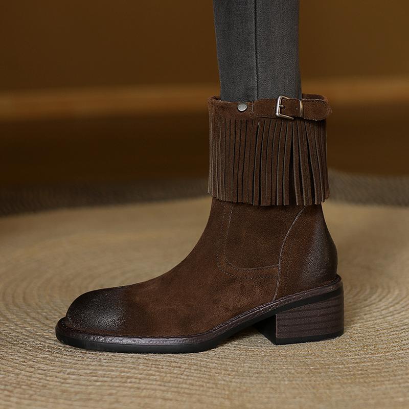 Fashion 2025 New Autumn Women Boots Round Toe Med Heel Cow Suede Leather Women Shoes Zipper Tassels mid-calf Boots Modern Boots