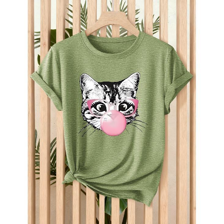 Woman wearing pink-framed glasses blowing bubble gum, cat illustration print T Shirt | American retro sweet and cool casual style round neck short S трава зеленый
