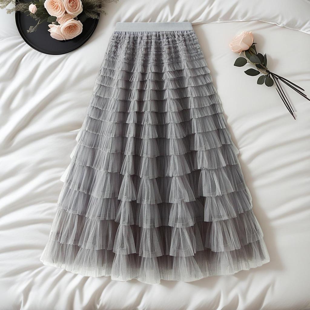 Elegant French Style Layered Cake Skirt - High Waist, Fluffy Winter Fashion for Women