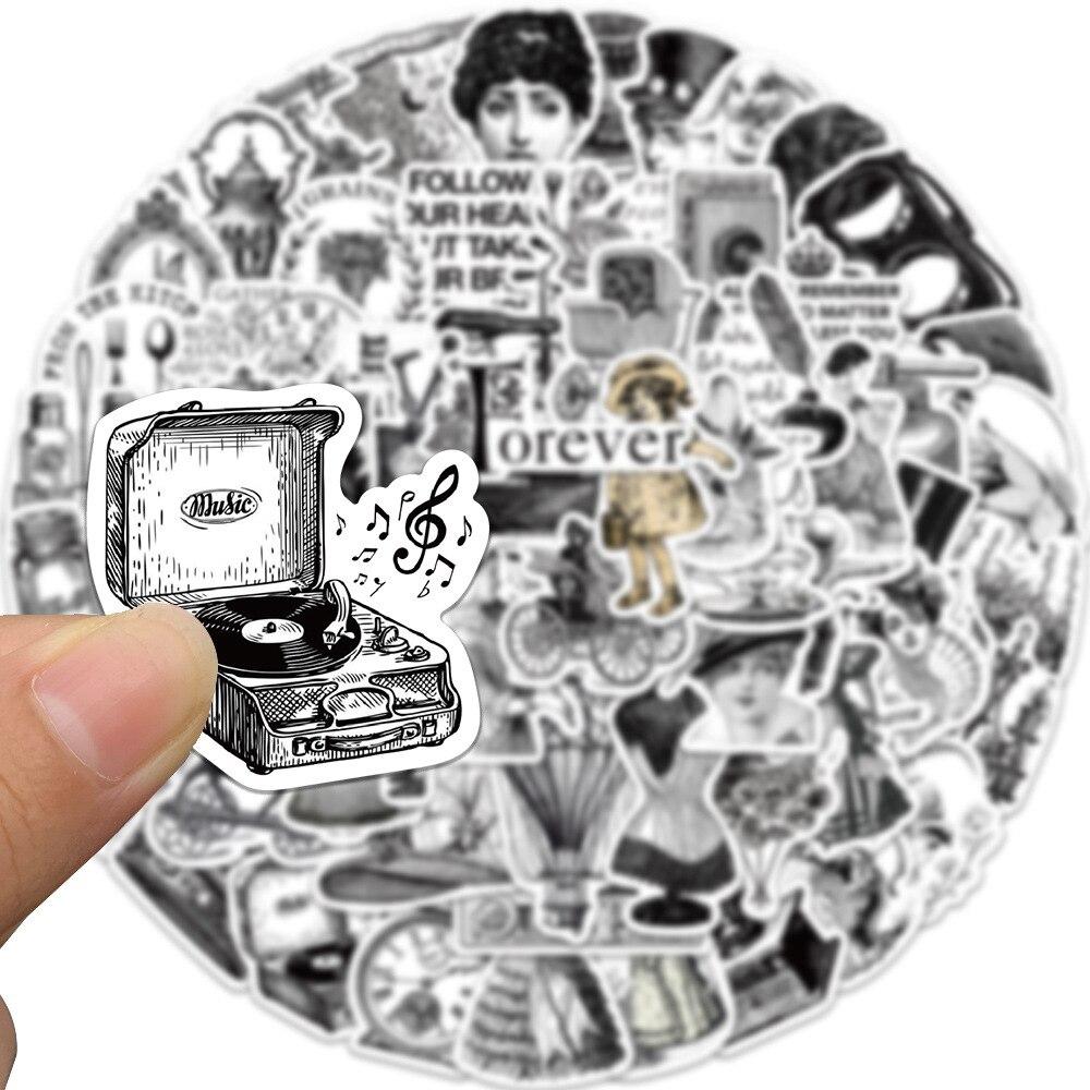 10/64pcs Retro Black White Art Stickers Vintage Cartoon Graffiti Stickers for DIY Luggage Laptop Skateboard Motorcycle Bicycle Sticker