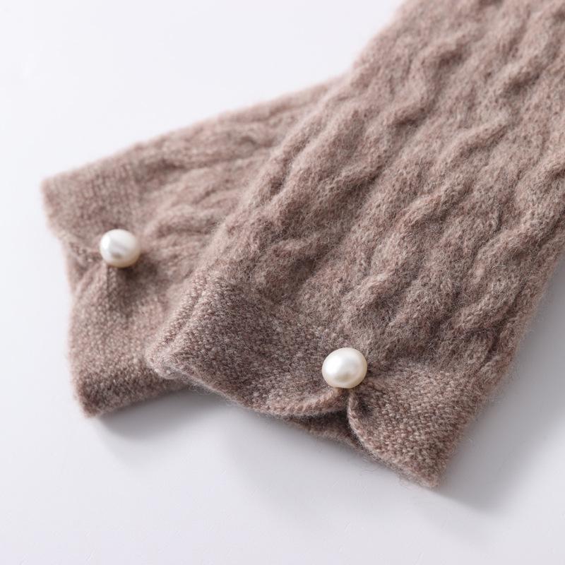 Women's Long Fingerless Cashmere Wool Gloves with Pearl Detail