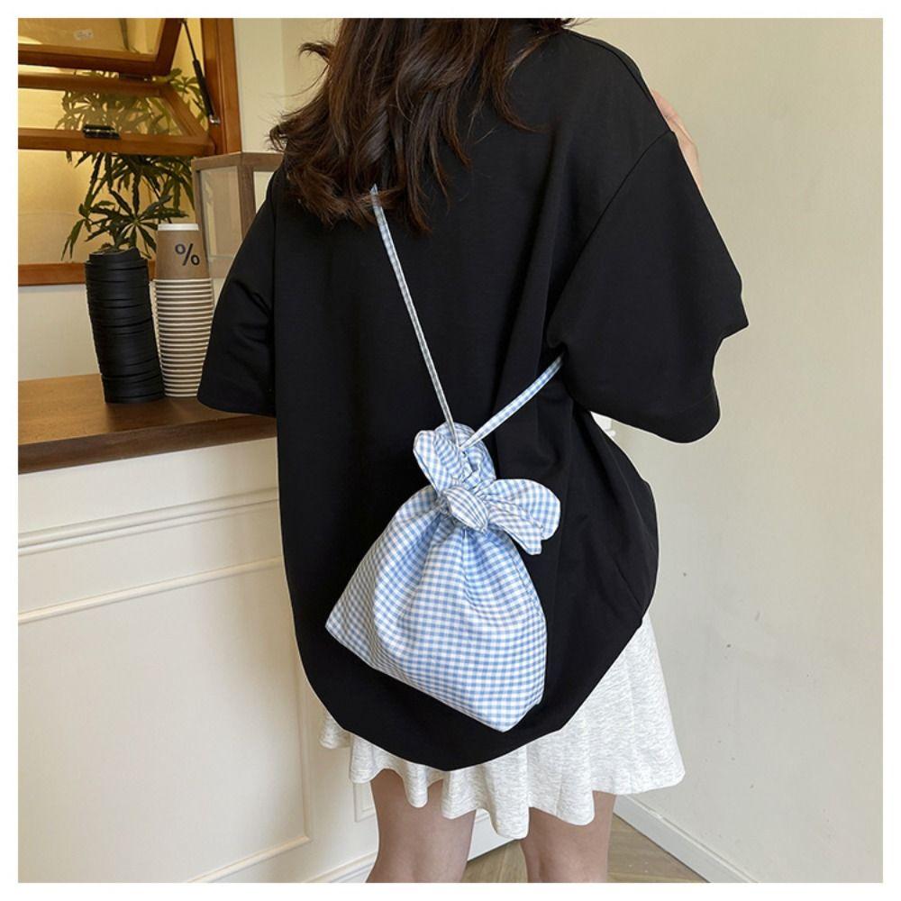 Korean Style Plaid Drawstring Bag Printing Shoulder Bags Literary Small Crossbody Bag Shopping