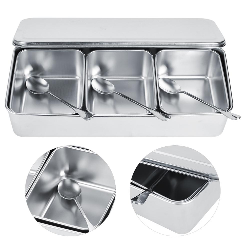 3 Grid Seasoning Box, Stainless Steel Salt Container, Kitchen Seasoning Jar with Spoons and Lid for Kitchen Countertop Storage